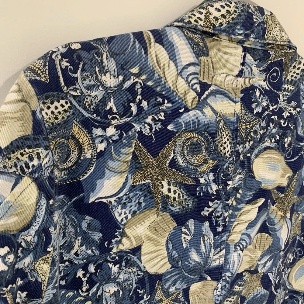 Vtg Novelty Blazer Jacket Womens Medium Seashell Canvas Nautical Coastal Beach